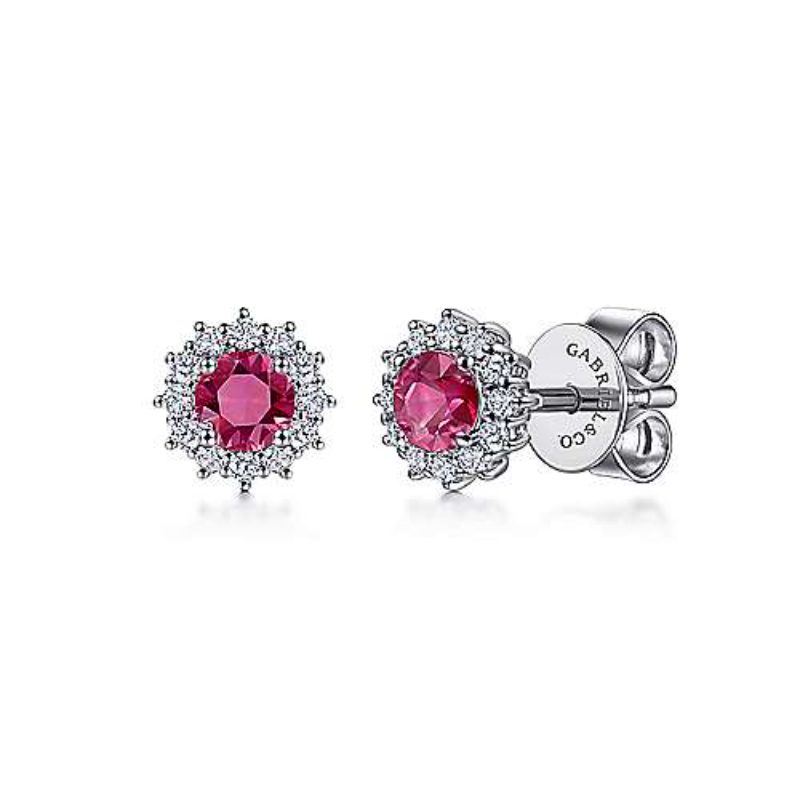 White Gold Finish 8mm Round Red Ruby And Created Diamond Stud Earrings - Dubaigems