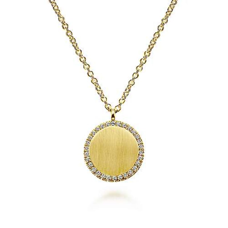 14K Yellow Gold Round Engravable Pendant Necklace with Diamond Halo