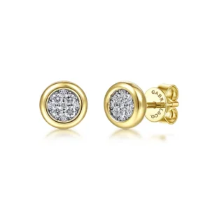14k Yellow-White Gold Round Bezel Set Diamond Pavé Stud Earrings