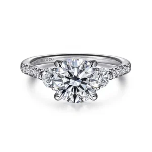 Moon - 14k White Gold Round 3-Stone Lotus Diamond Engagement Ring