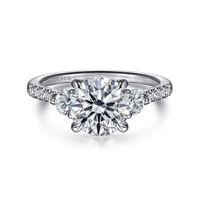 Moon - 14k White Gold Round 3-Stone Lotus Diamond Engagement Ring